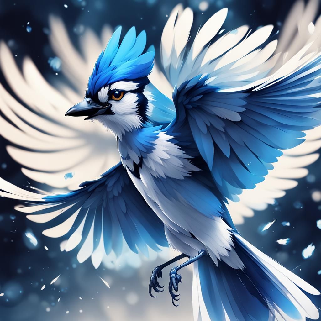 Feathered Blue Jay in Anime Style with Flowing Design