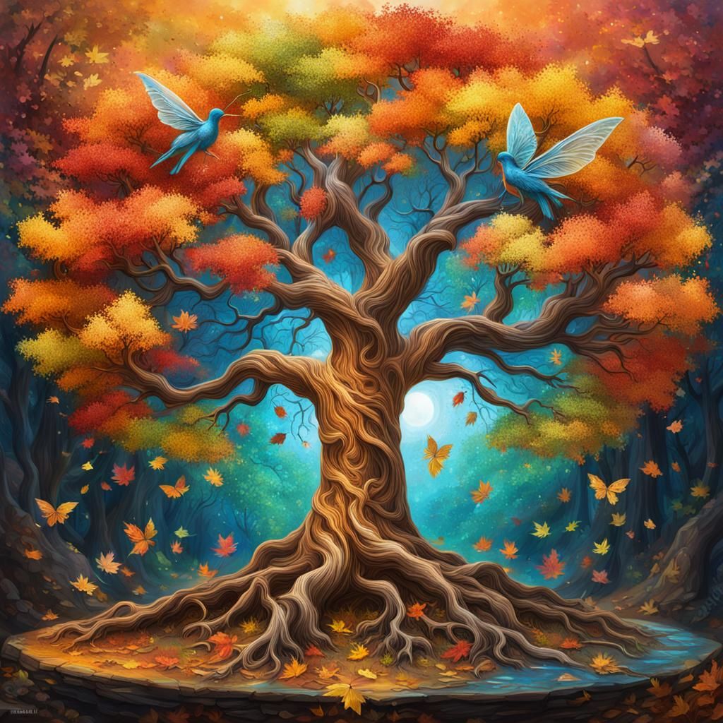 Autumn Tree of Life with Fairies in Splash Art