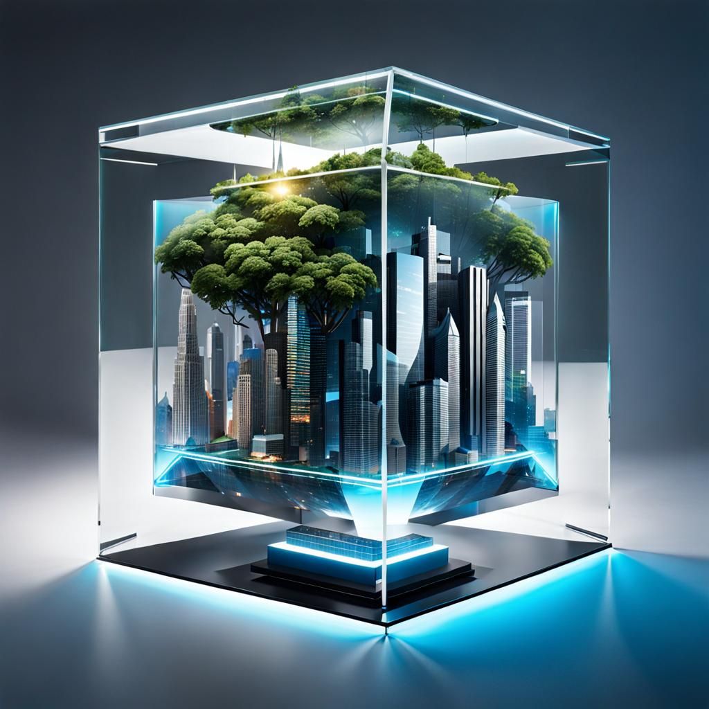 Futuristic World Encased in Glass Cube
