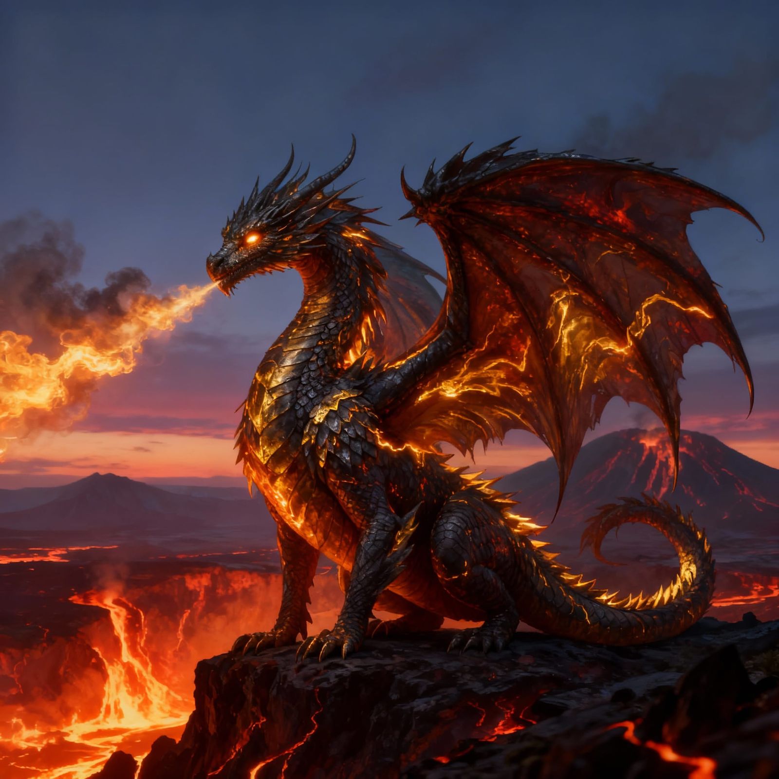 Majestic Fire Dragon in Volcanic Landscape