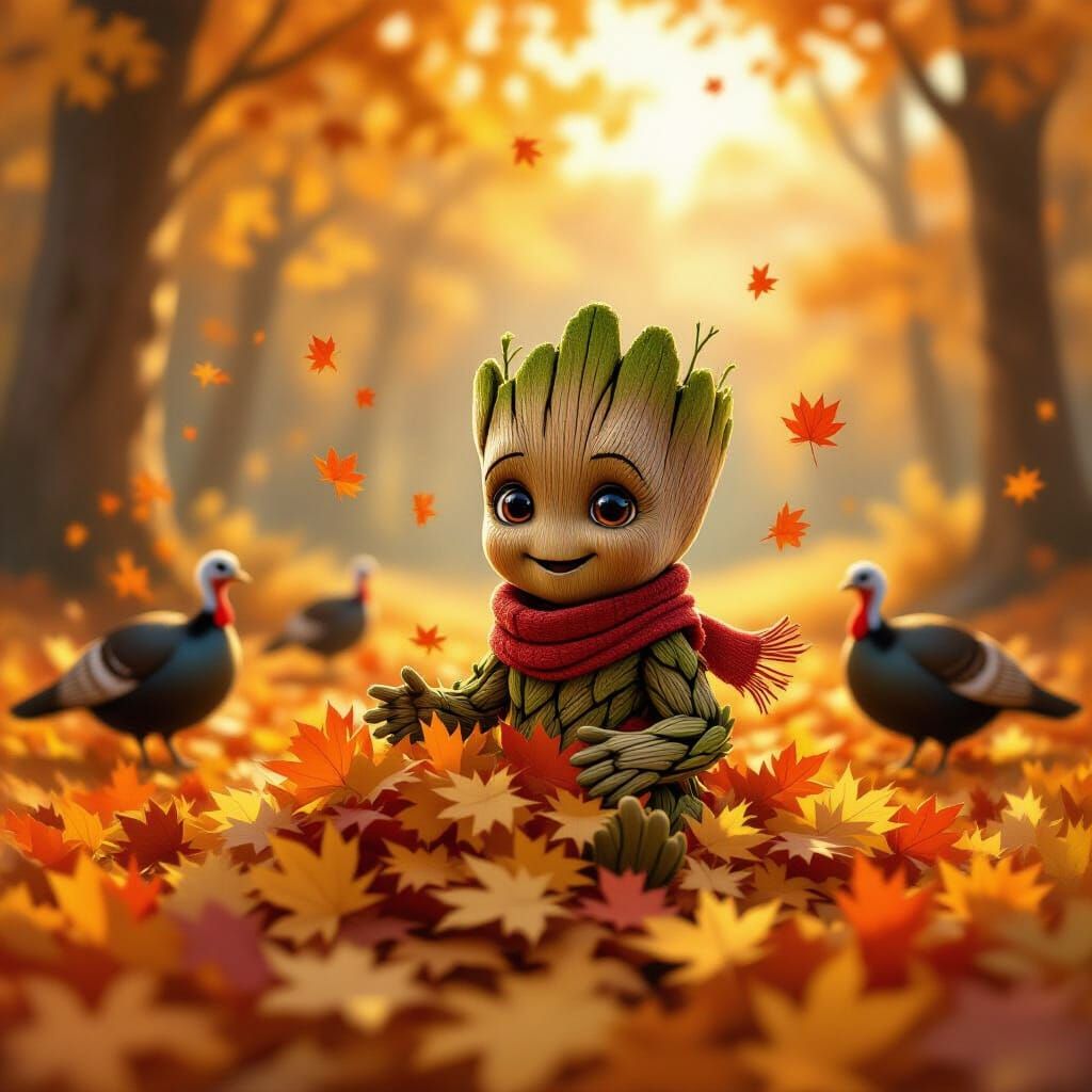 Baby Groot Plays in Autumn Leaves with Turkeys