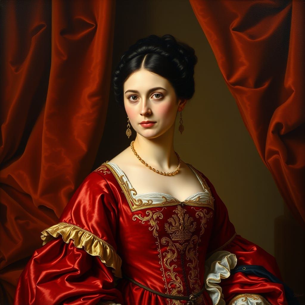 Woman in Scarlet Gown, Baroque-Inspired Portrait