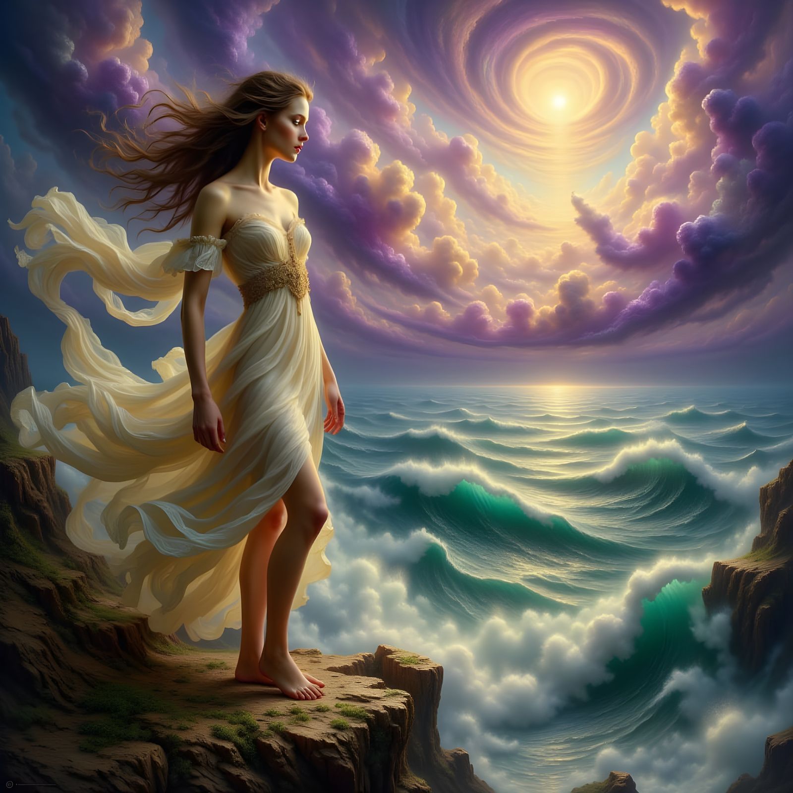 Windswept Woman and Angel in Romantic Oil Painting