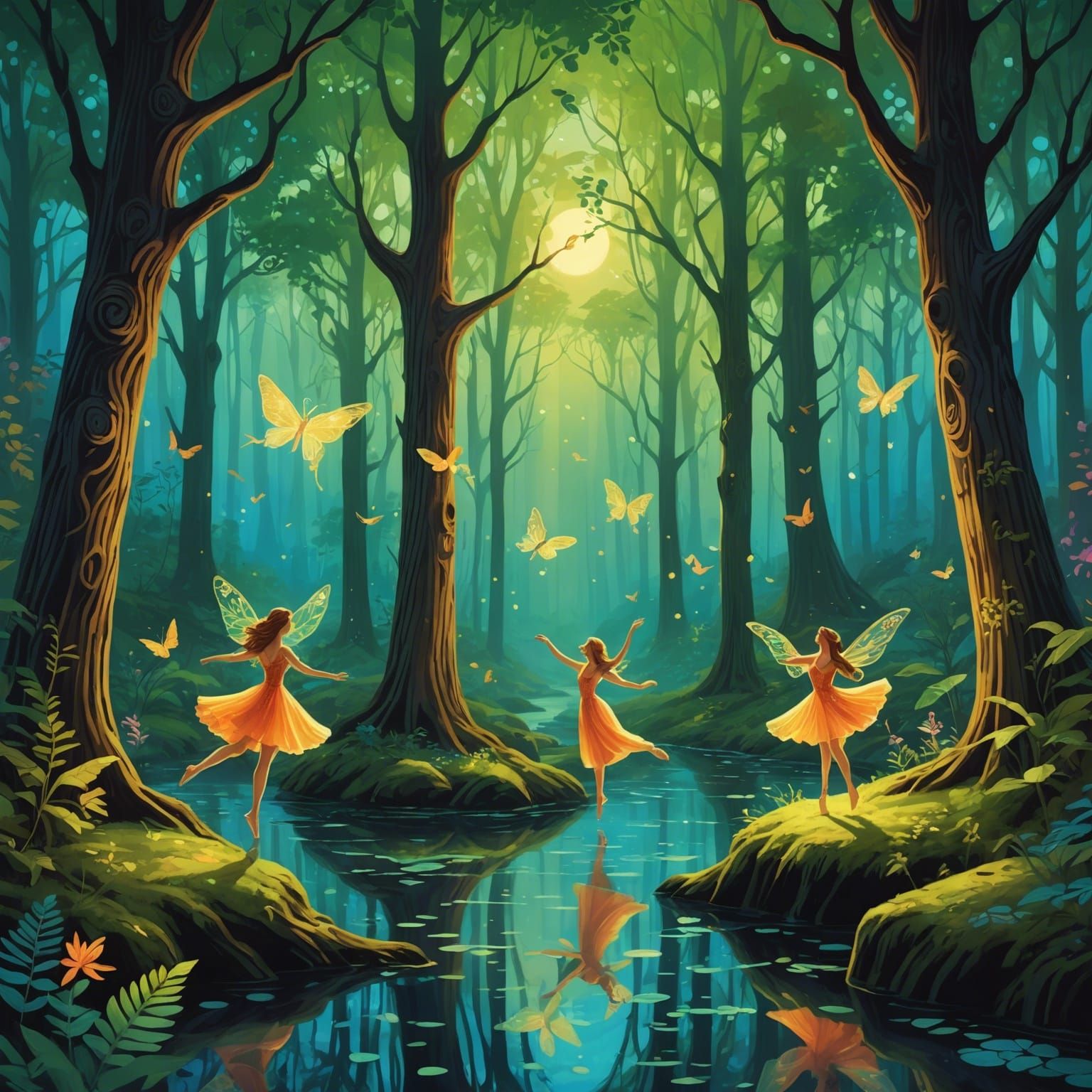 Glowing Forest Scene with Whimsical Dancers