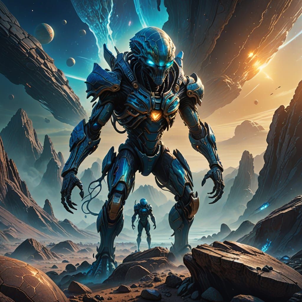 Chitin-Covered Alien on Rocky Planet in Digital Art