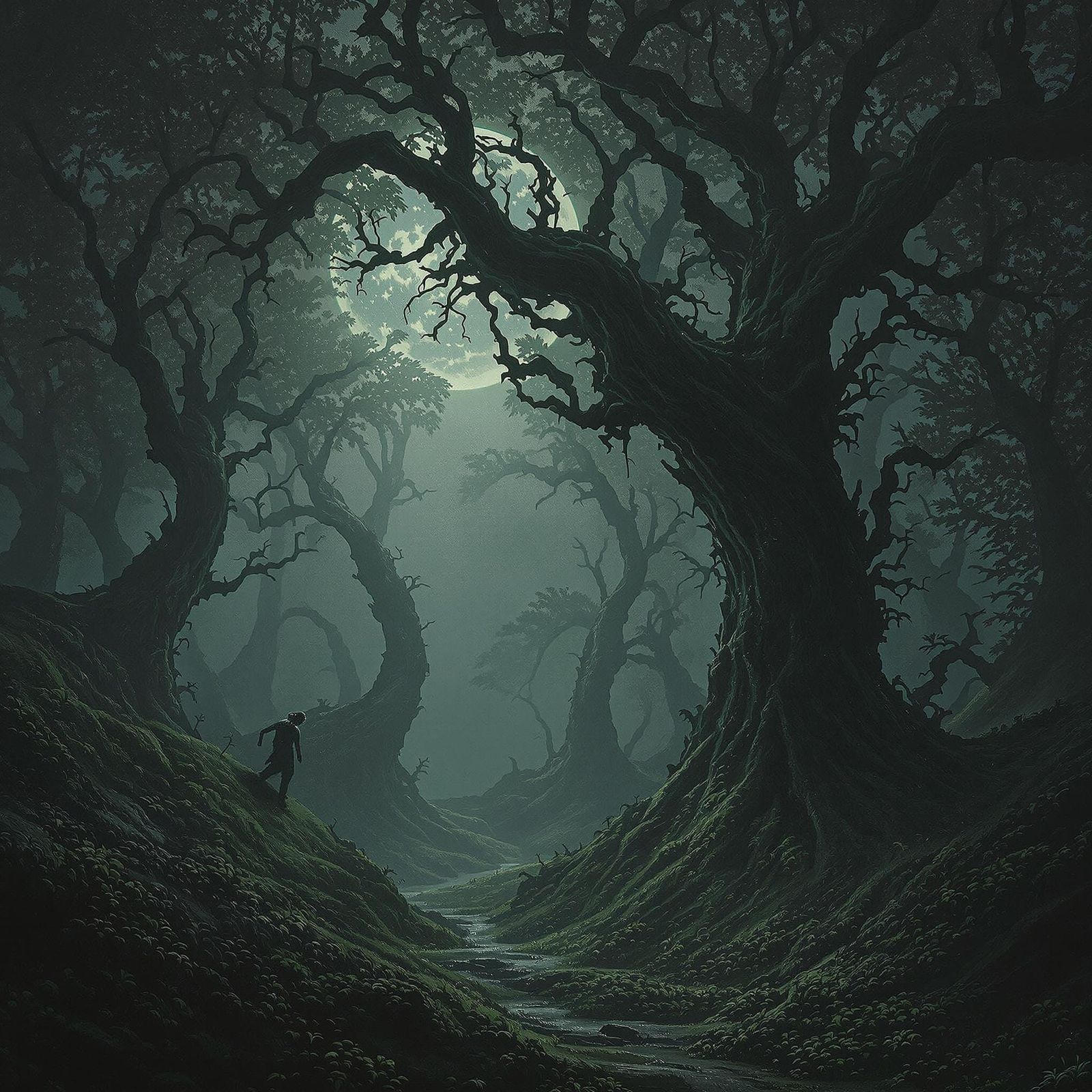 Dark Surrealist Forest Landscape in Biomechanical Style