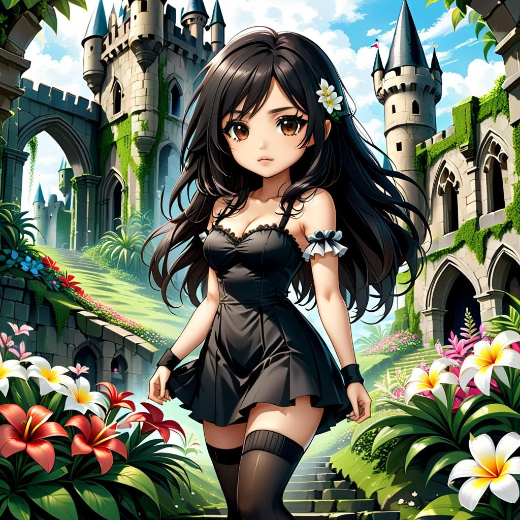 Chibi Indonesian Woman in Tropical Castle