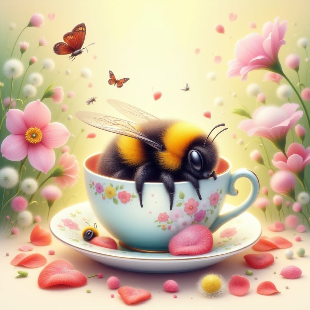 Bumblebee Snoozing in Teacup Dreamland Cartoon