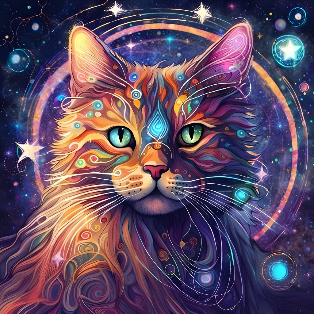 Psychedelic Meditating Tabby Cat with Stars