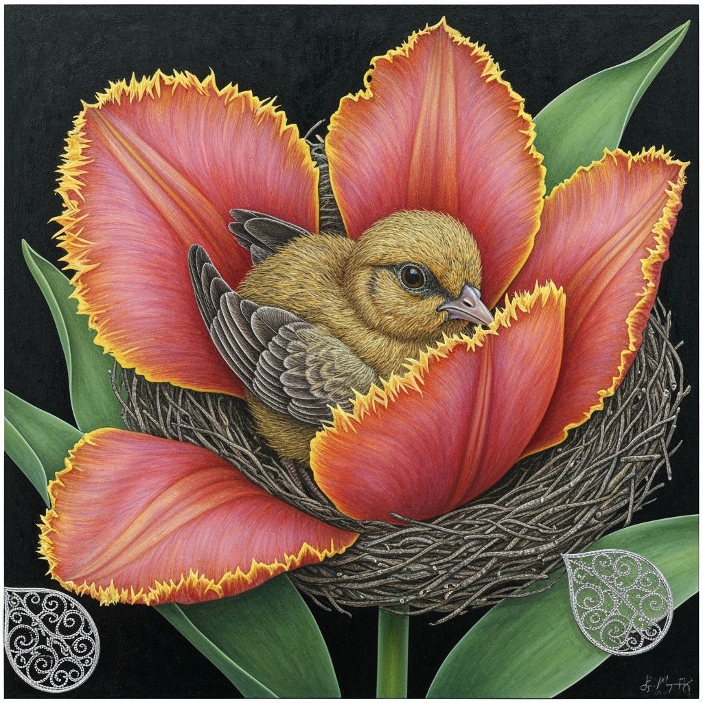 Detailed Painting of a Bird on Frilled Tulip Petals