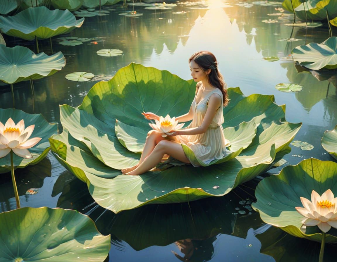 Person Sailing on Lotus Leaf in Watercolor Style