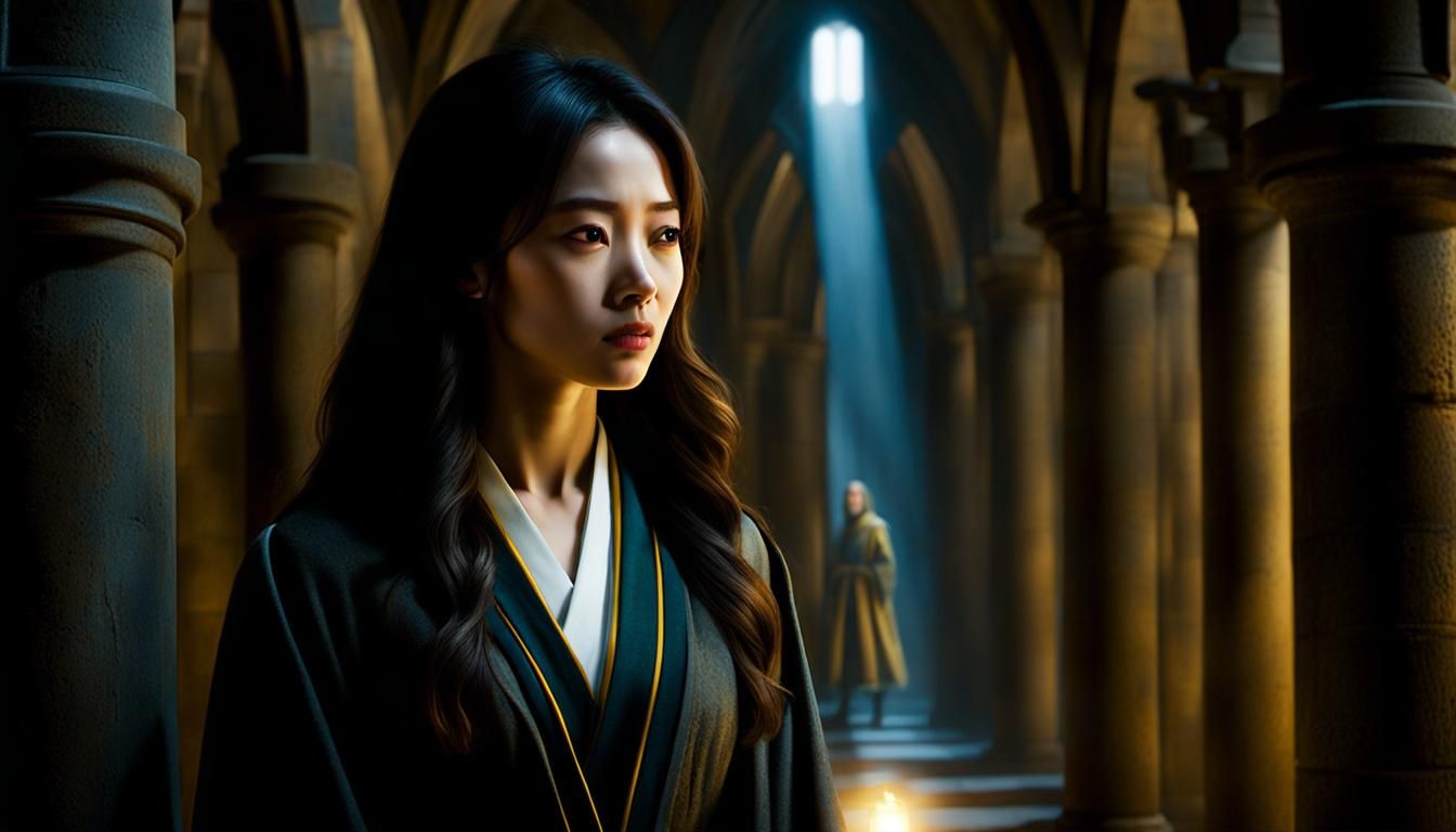 Hufflepuff Girl Navigating Hogwarts Ladders with Glowing Lig...