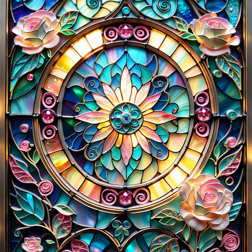 Ethereal Stained Glass Rose Art with Sapphire Details