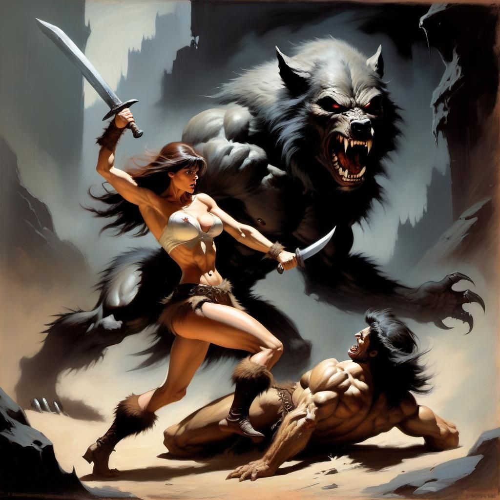 Barbarian Woman vs. Werewolf in Frazetta Style