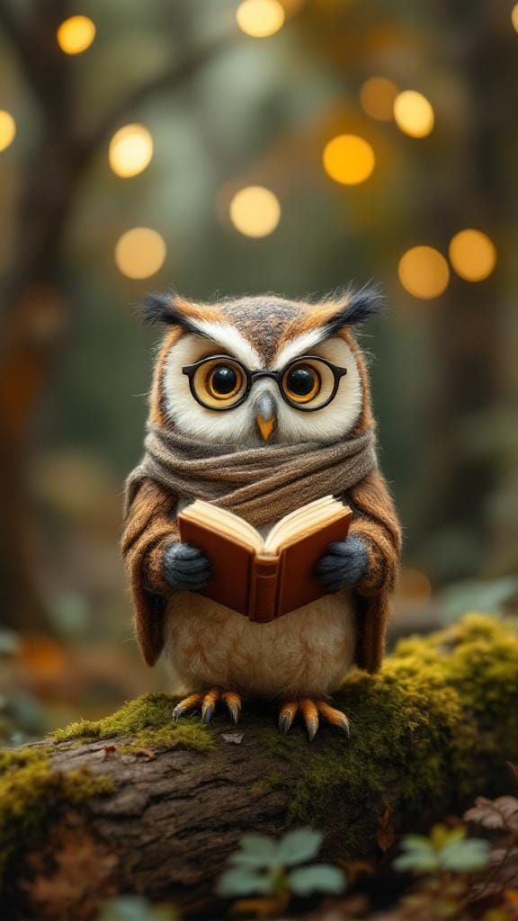 Whimsical Felted Owl Reading in Enchanted Forest