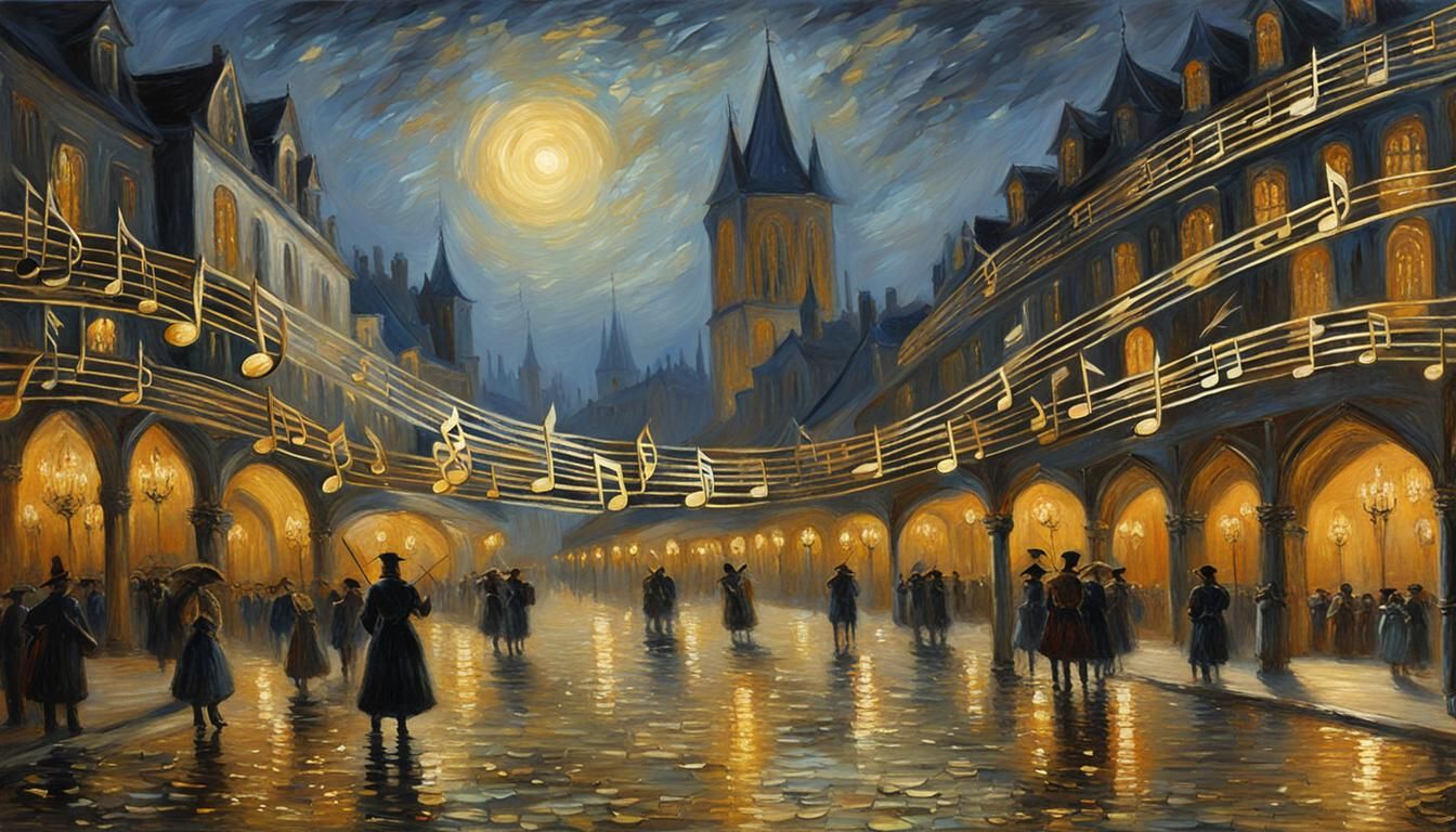 Golden Musical Notes in Medieval City, Dark Fantasy Style