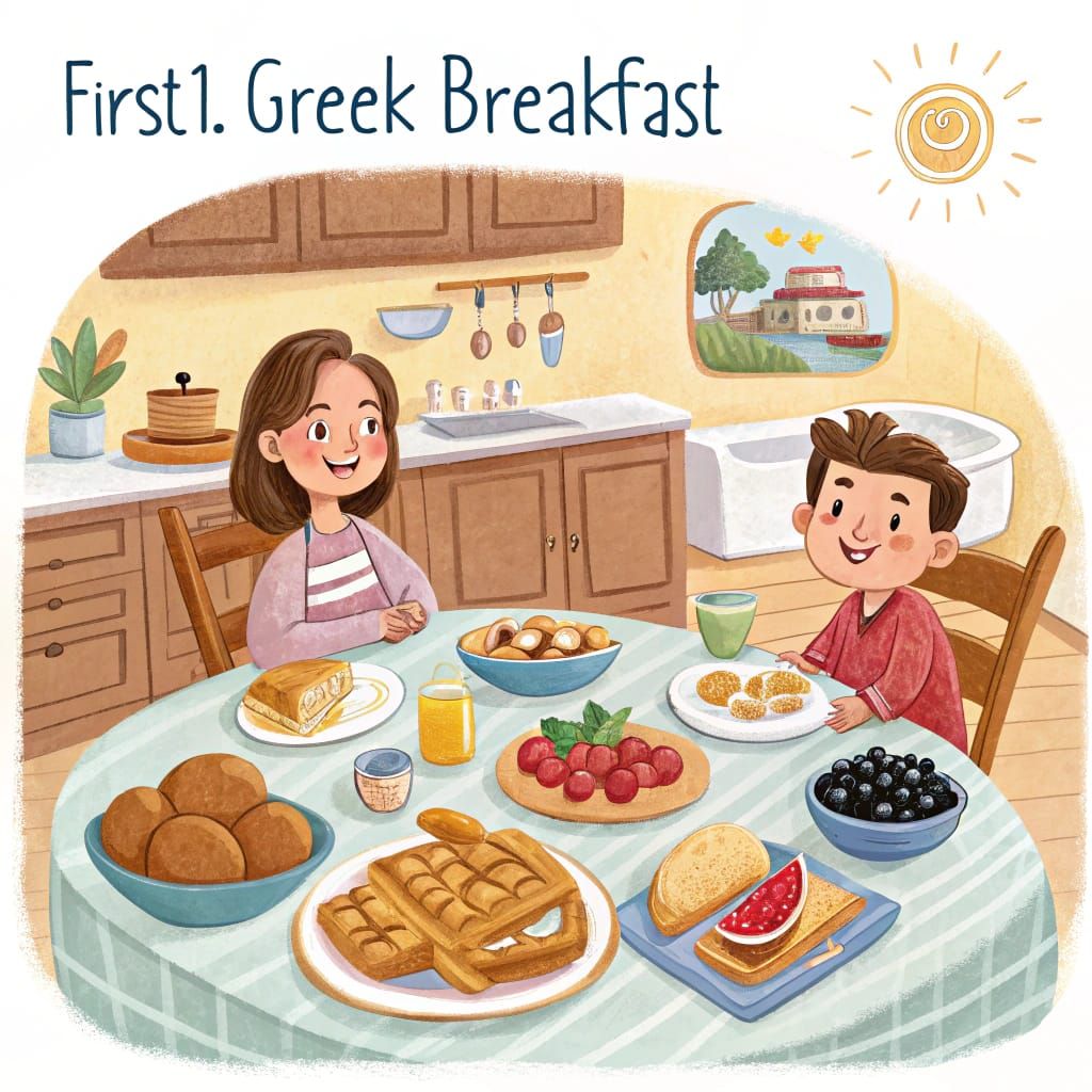 Whimsical Greek Morning in a Vintage First Grade Book Style