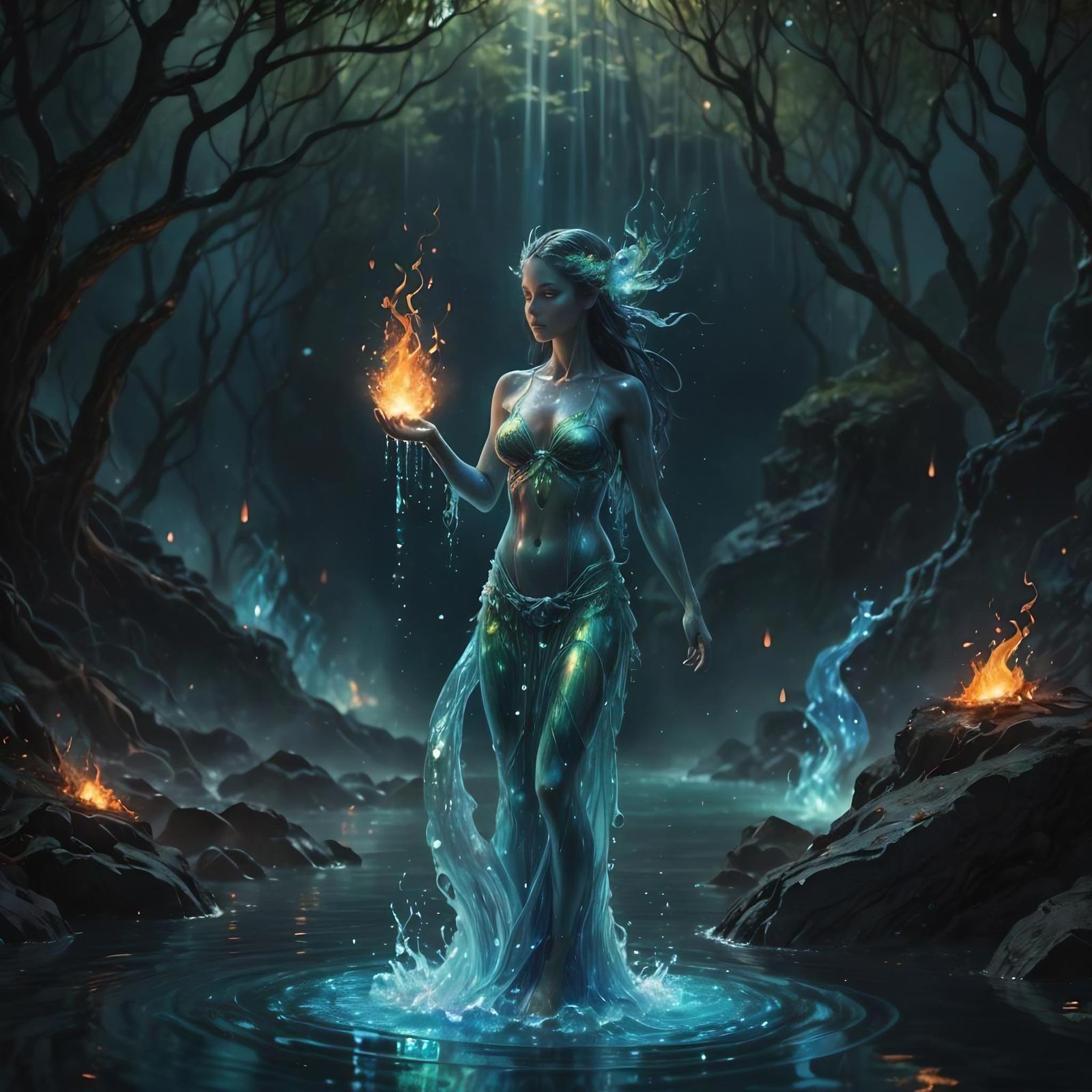 Water and Fire Nymph Practicing Elemental Magic