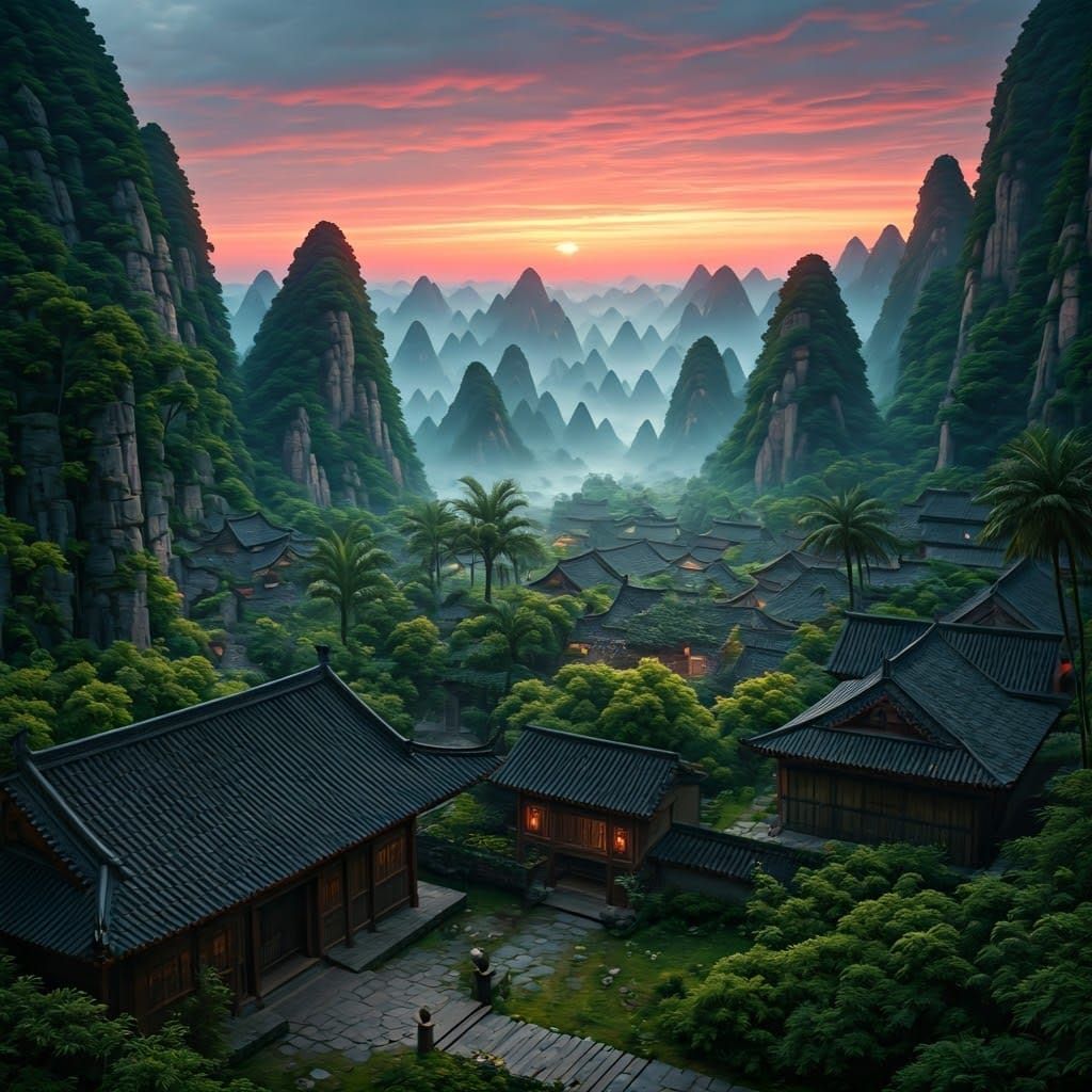 Chinese Mountain Village at Dusk: Cinematic Digital Painting