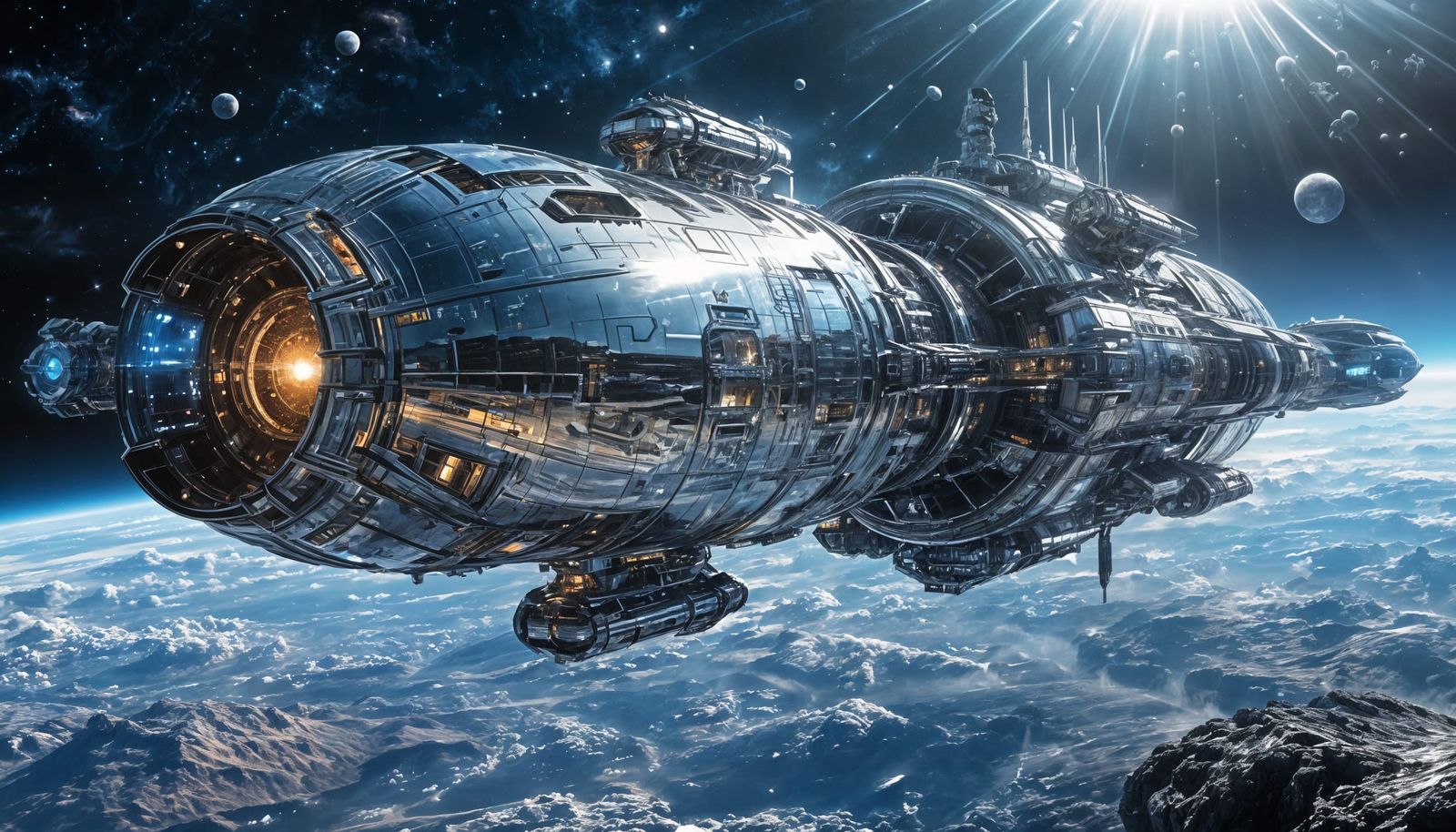 A massive chromed deep space transport craft with hulking, futuristic design, floating through the vastness of space.