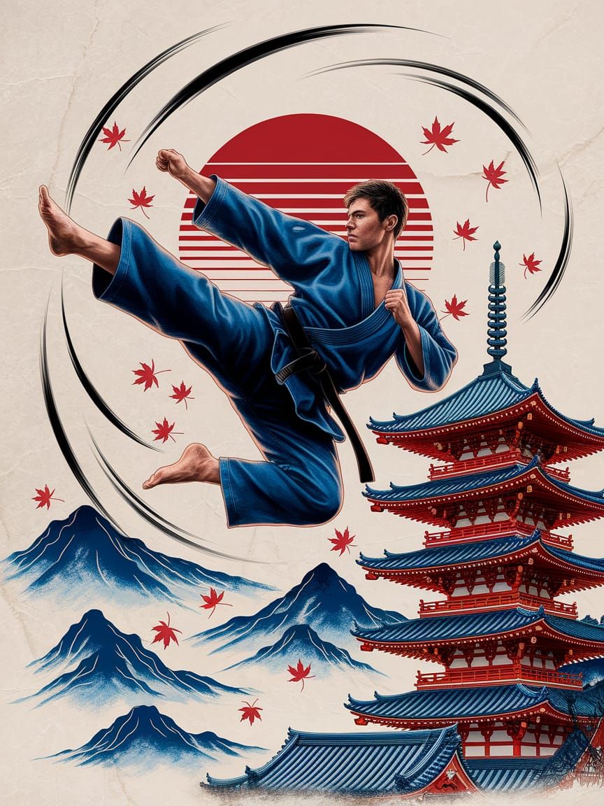 Dynamic Martial Artist Flying Kick in Japanese Fantasy Art