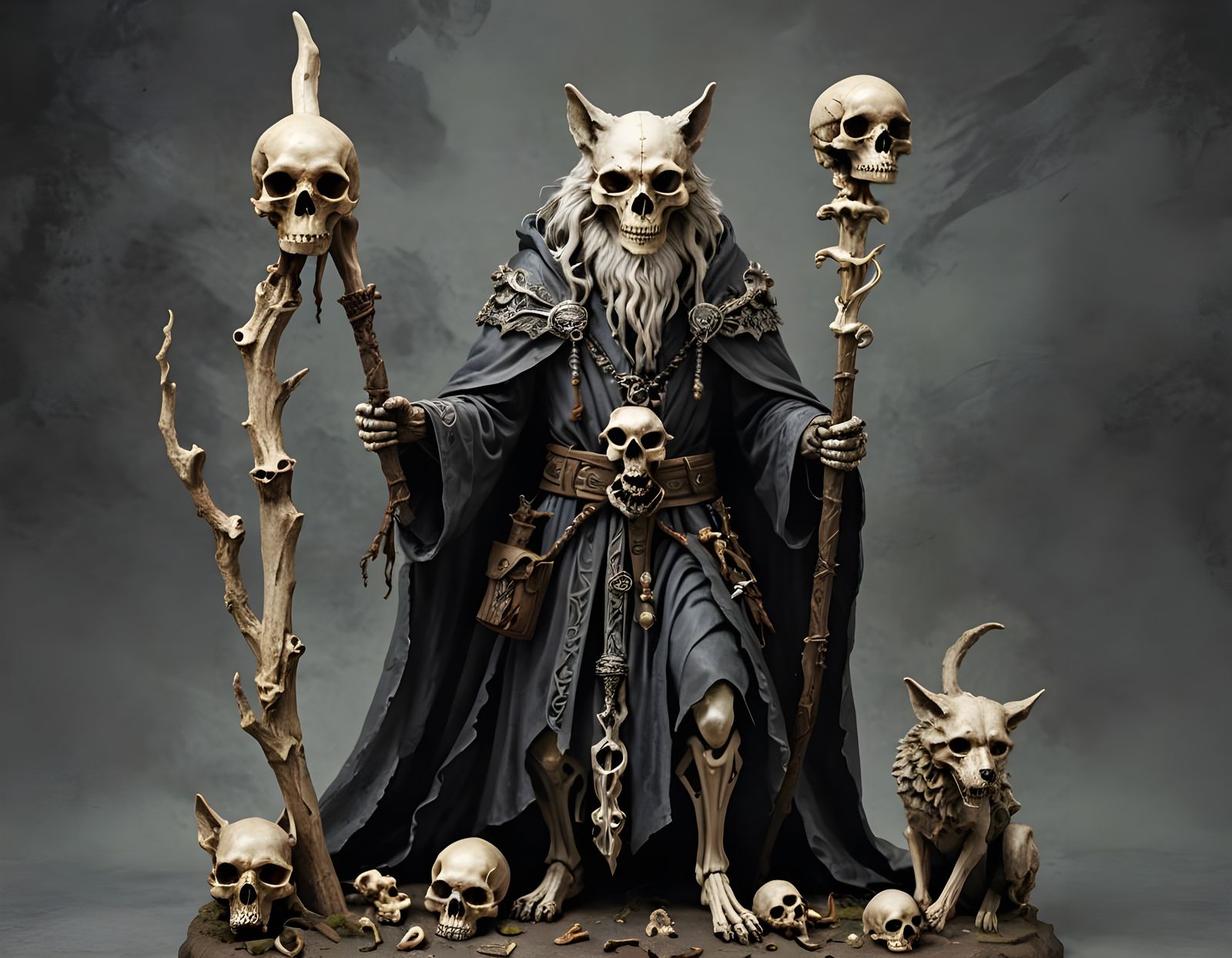 Wizard Holds Staff of Skull-Topped Bones