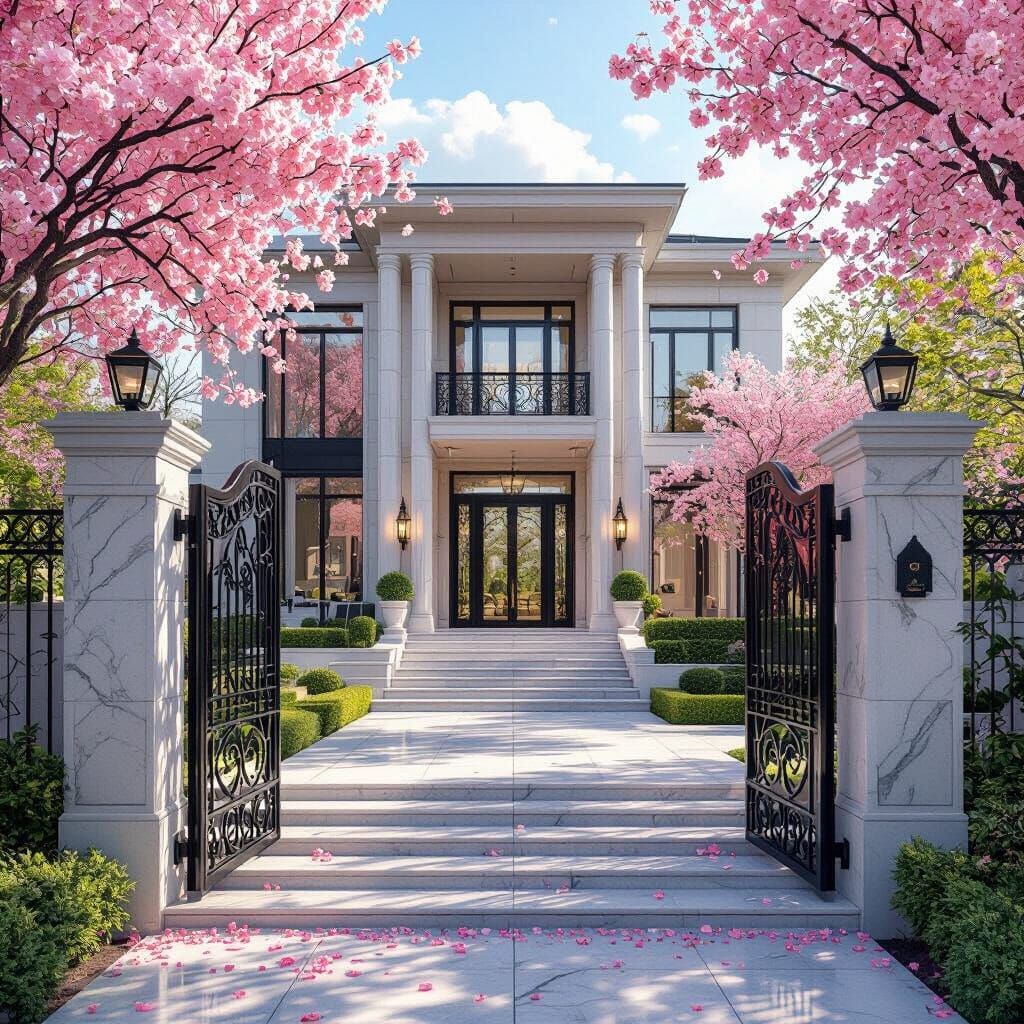 Luxurious Modern Mansion with Cherry Blossoms in Syd Mead St...