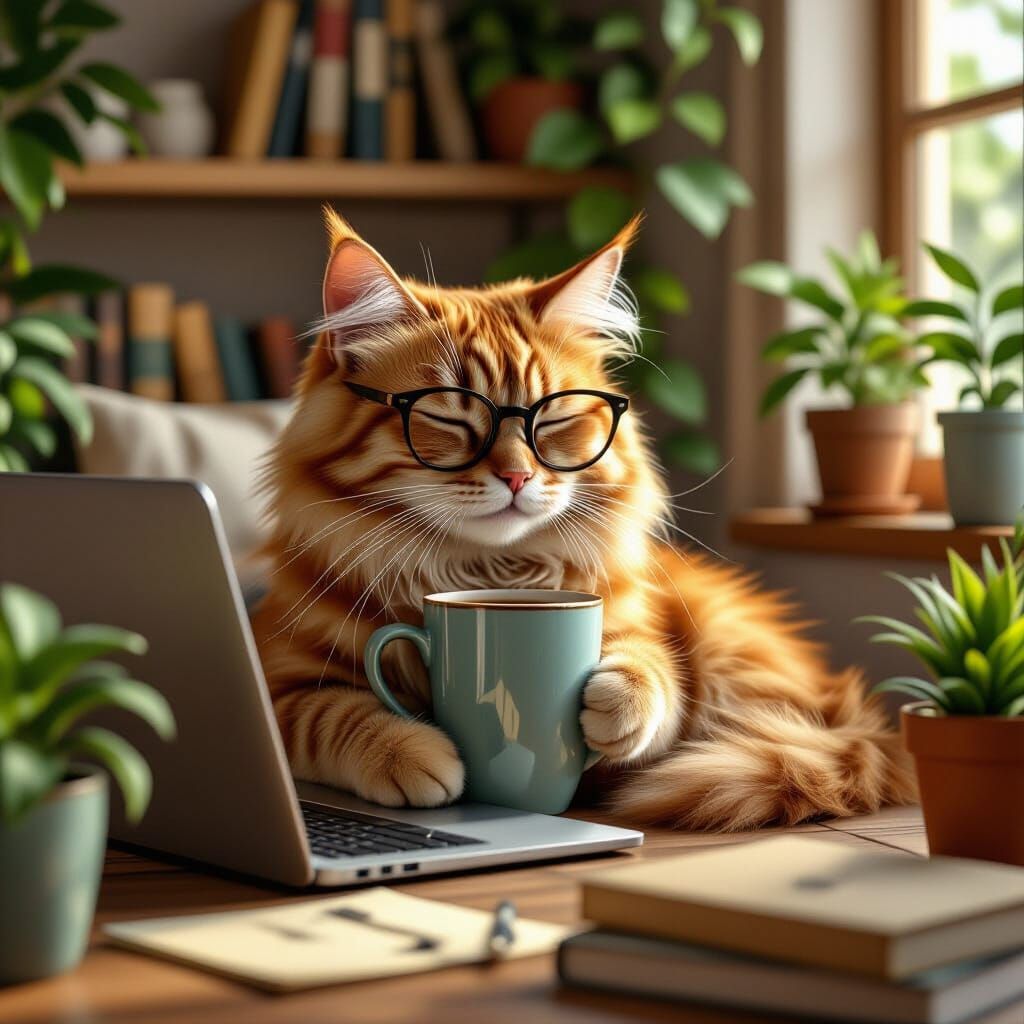 Ginger Cat Relaxes in Cozy Workspace, Painterly Style