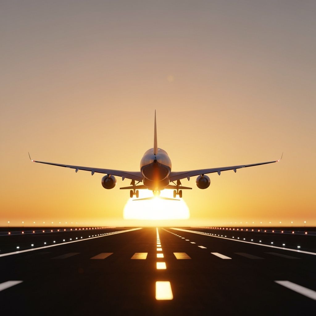 Commercial Airplane Taking Off at Sunset in 3D Rendered Styl...