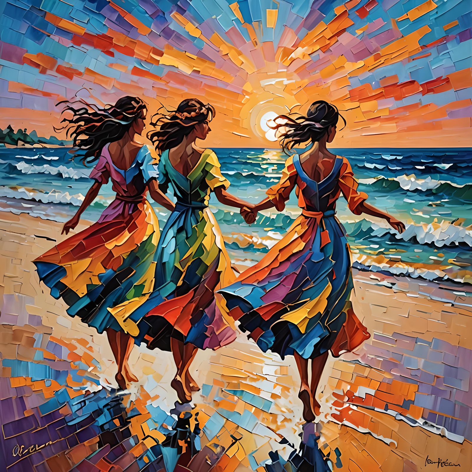Girls Dancing at Sunset: Neo-Impressionist Expressionist Oil...