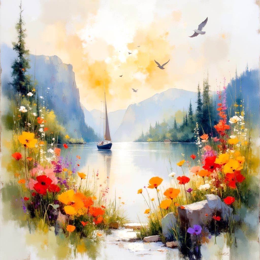 Impressionist Hilly Floral Bay at Dawn