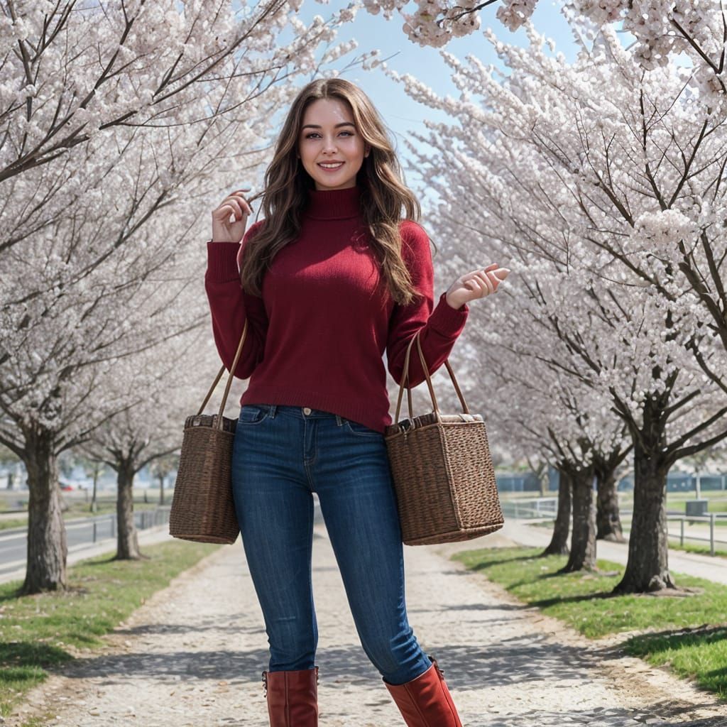Woman Picking Cherries in Spring Sunlight