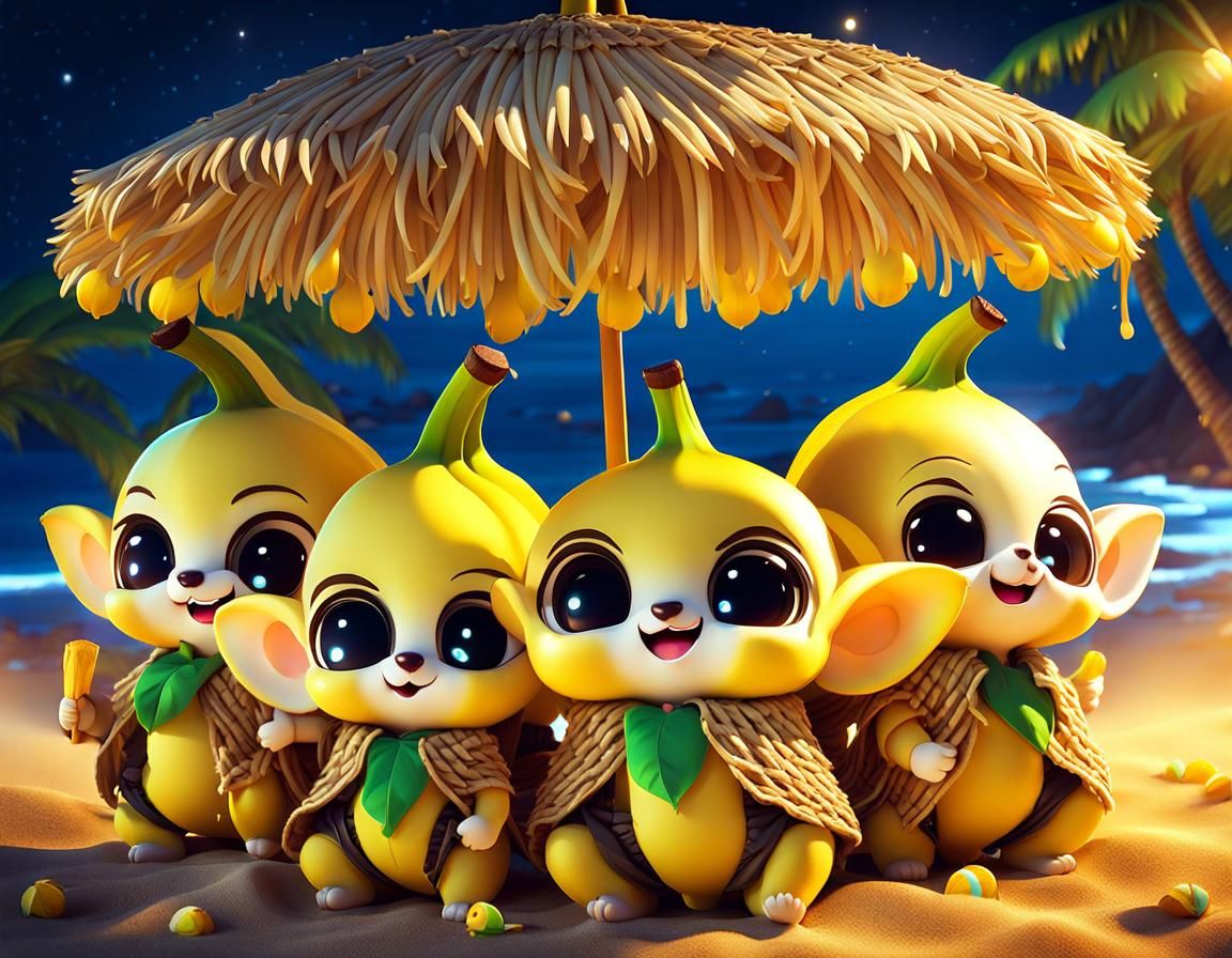 Chibi Bananas Party on the Beach at Night