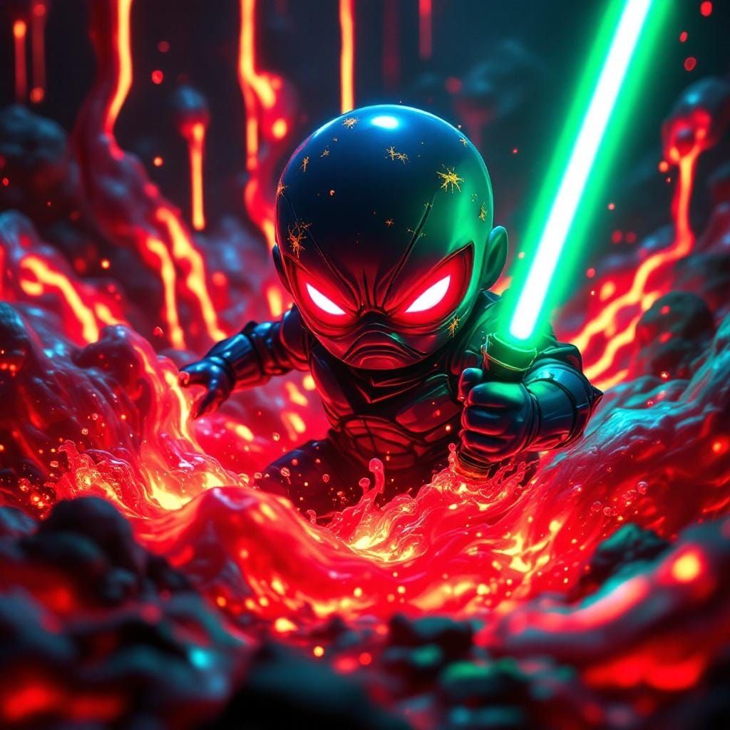 Furious Grogu with Neon Lightsaber in 3D Anime Style