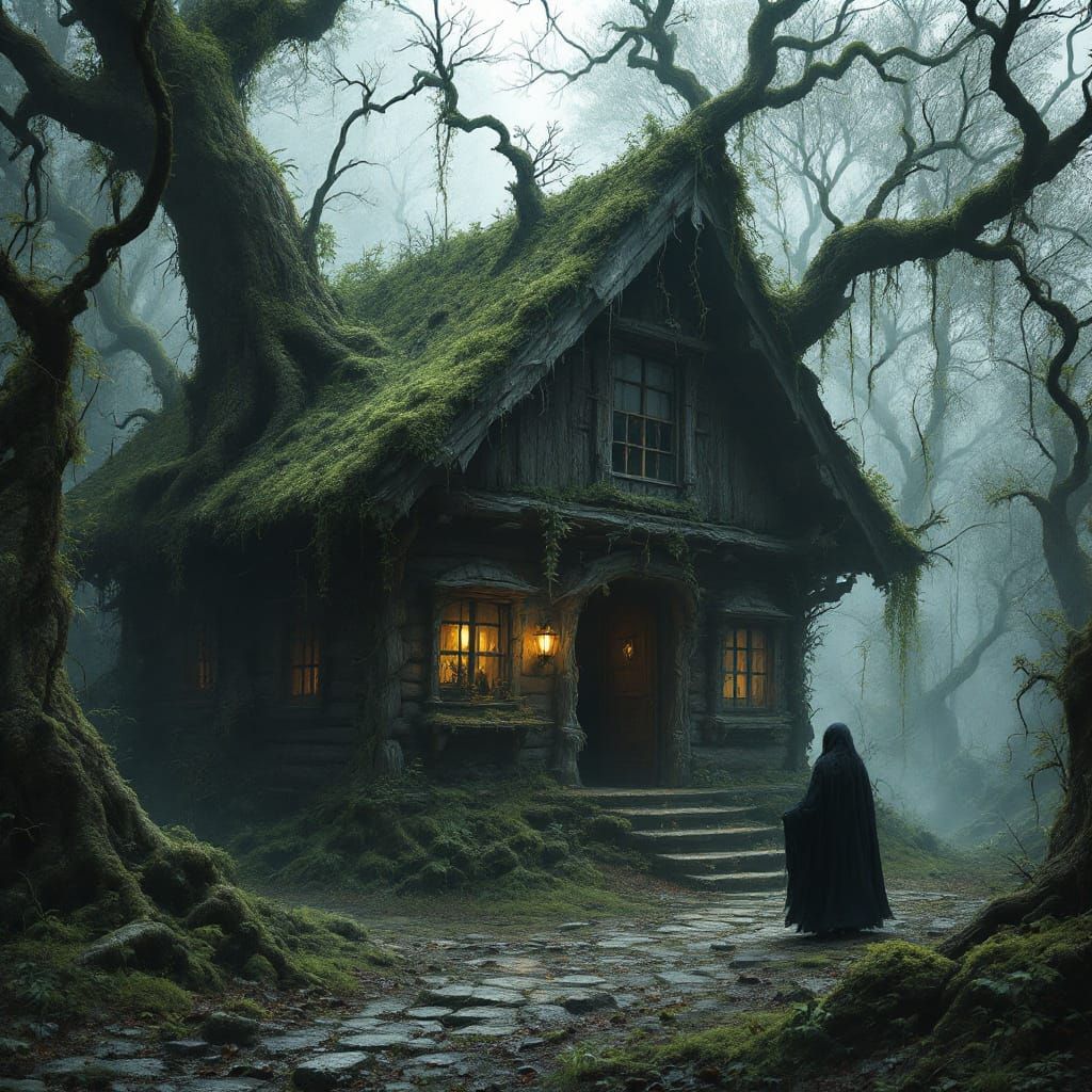 Eerie Forest Witch Cabin in Dark Fantasy Style