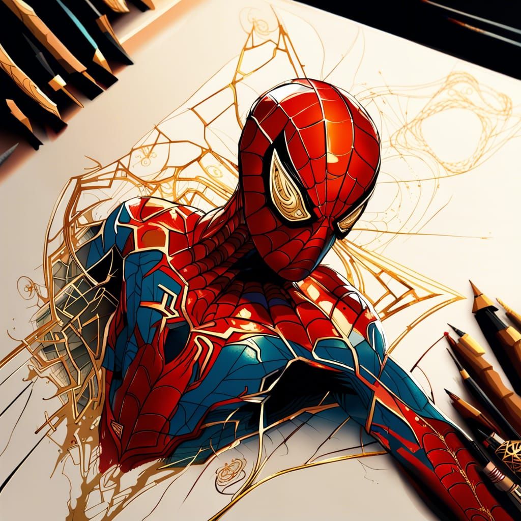 Detailed Spiderman with Golden Outlines Digital Painting