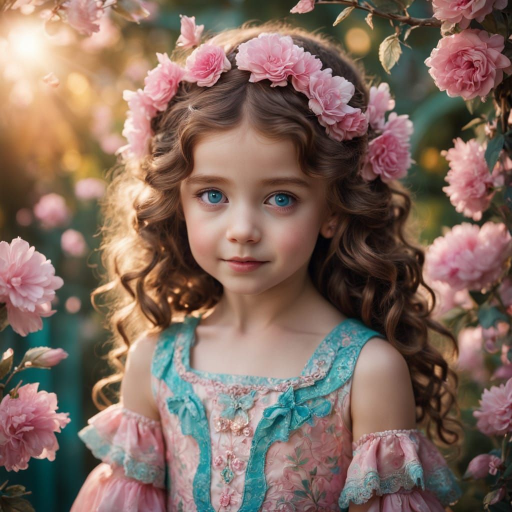 Whimsical Summer Child in Vibrant Dress, Piercing Blue Eyes,...