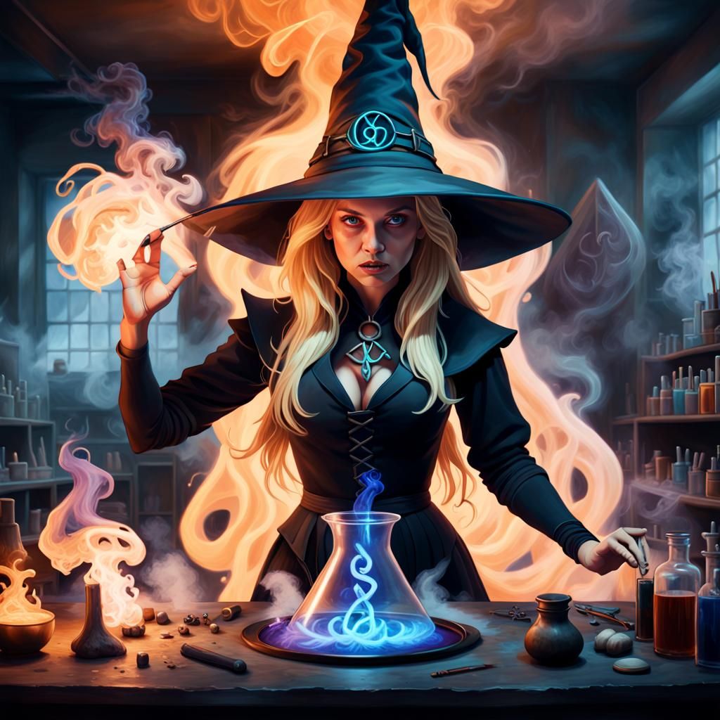 Blonde Witch Stirring Cauldron in Lab, Photorealistic Style
