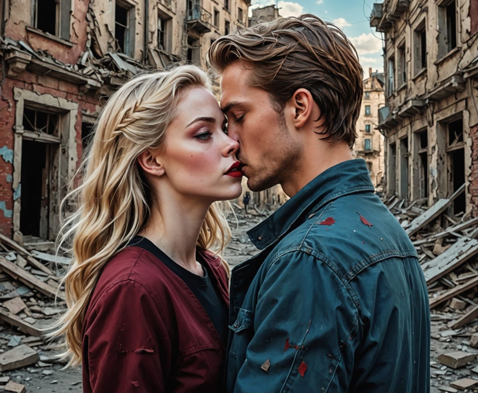 Lovers Kissing in War-Torn City: Professional Portrait