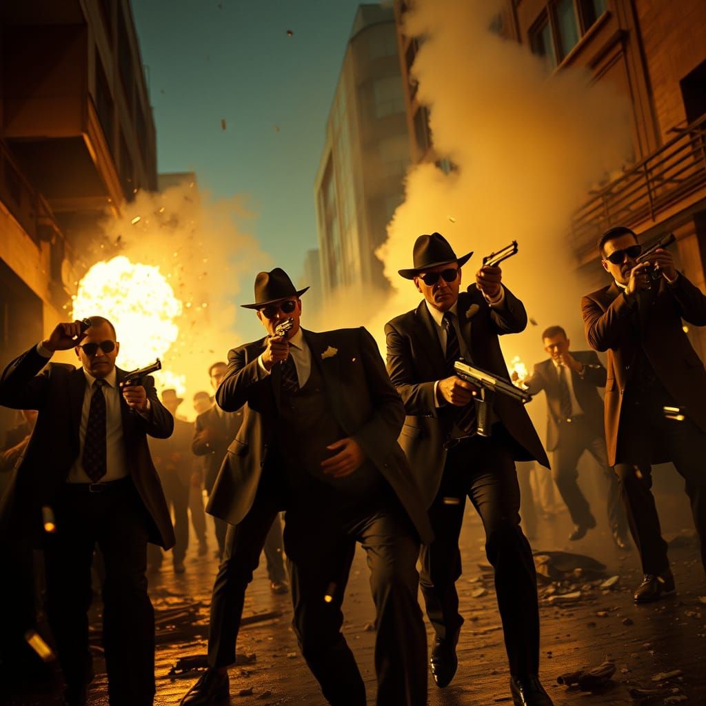 Gritty 1980s Mafia War Scene in Cinematic Style