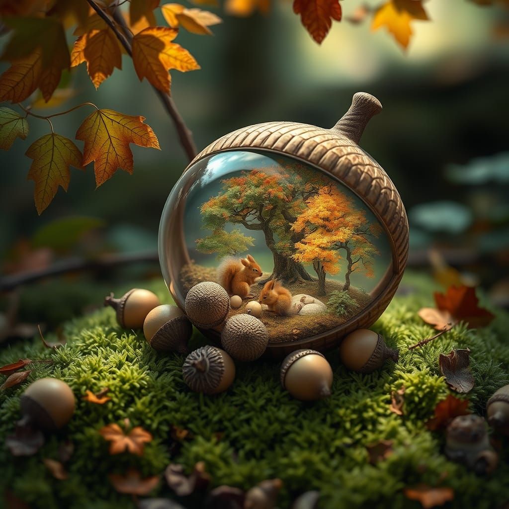 Magical Acorn Reveals Tiny Forest on Mossy Ground