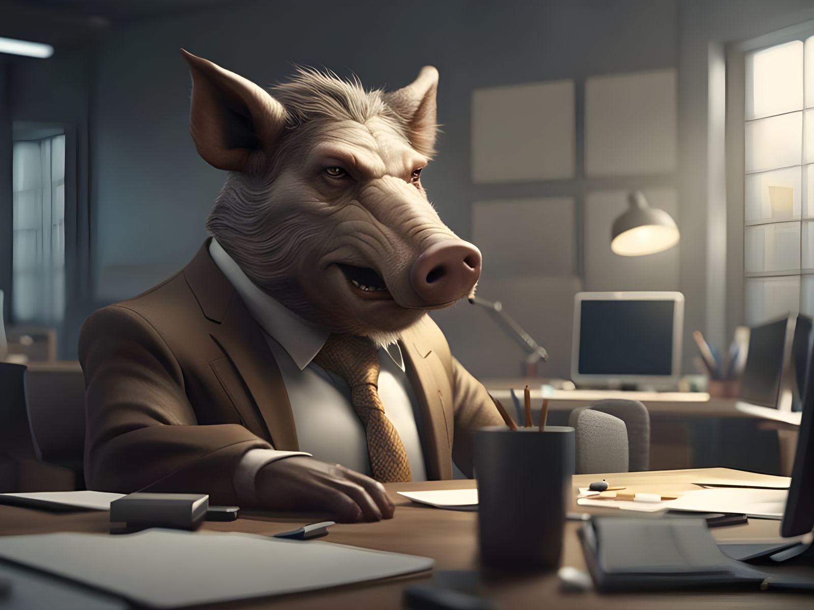 Bored Boar in a Suit: Cinematic Digital Art
