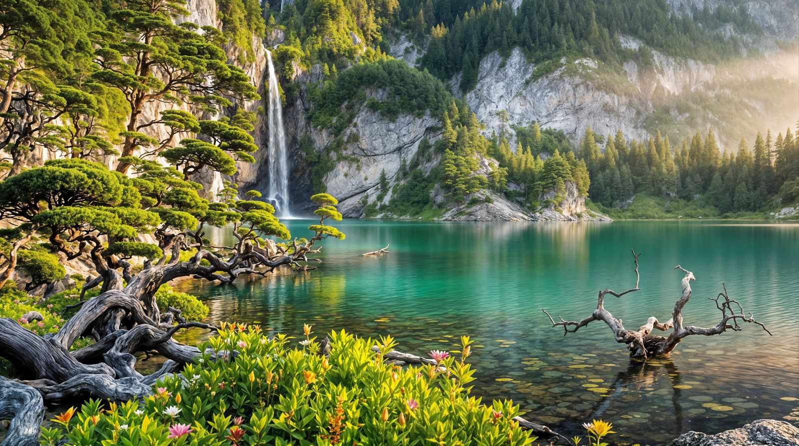 Serene Alpine Lake with Granite Mountains and Waterfalls