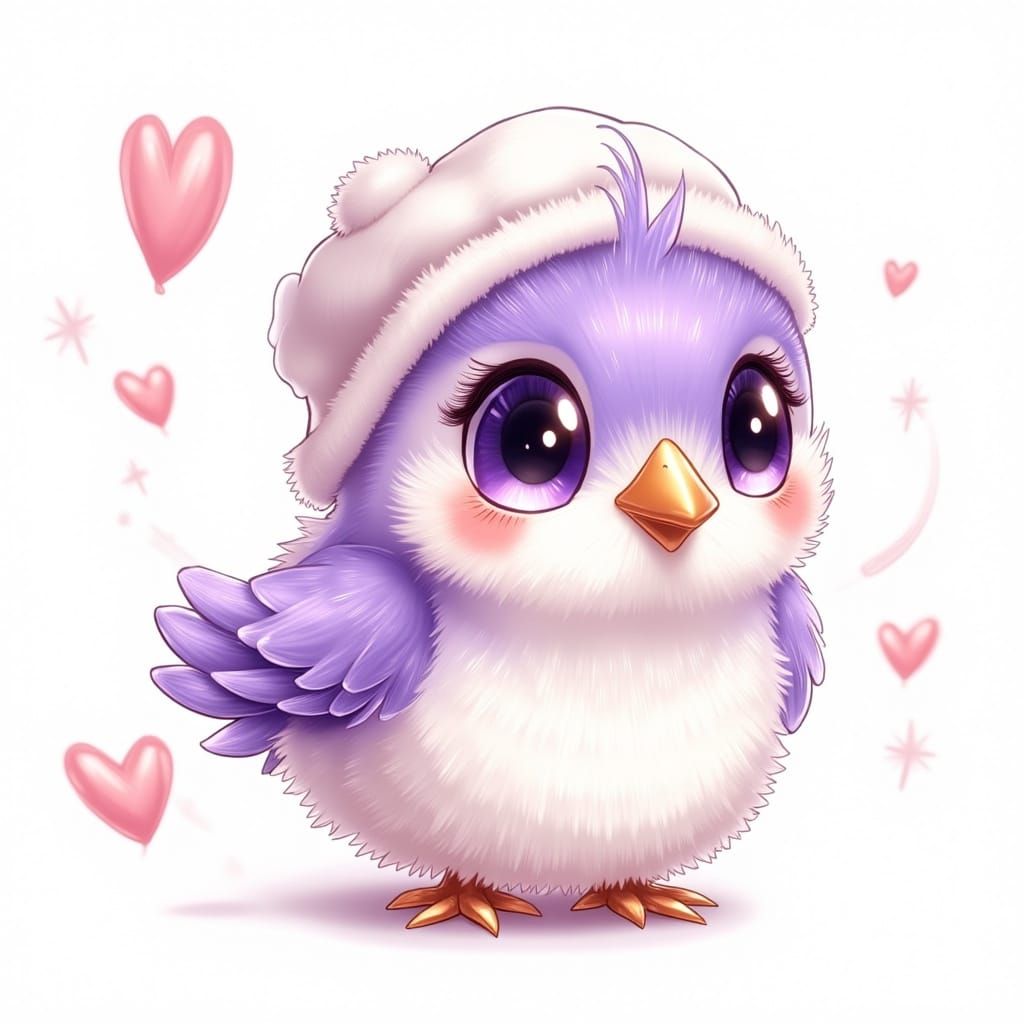 Chibi Bird with Purple Feathers in Whimsical Style
