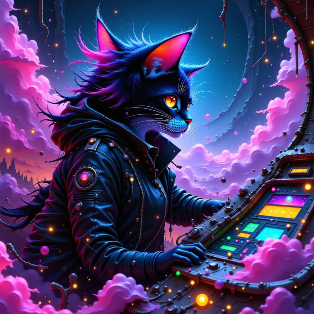 Cosmic Cat Pilot in Celestialpunk Spaceship