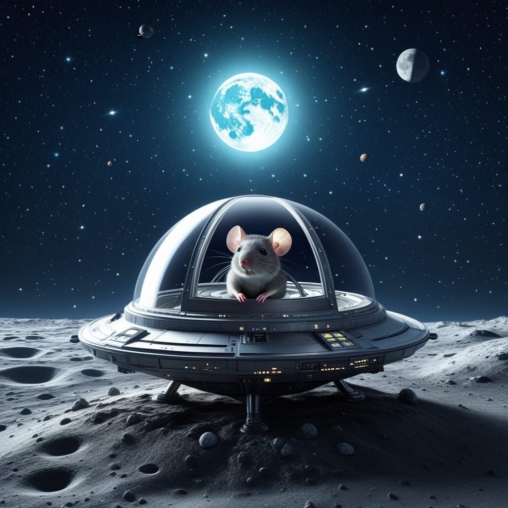 Hyperrealistic Chibi Mouse in UFO on Moon