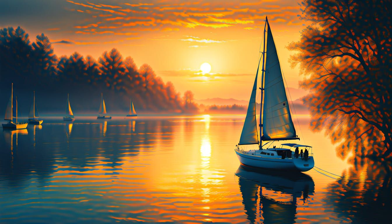 Impressionistic Sailboat Scene in Warm Golden Light