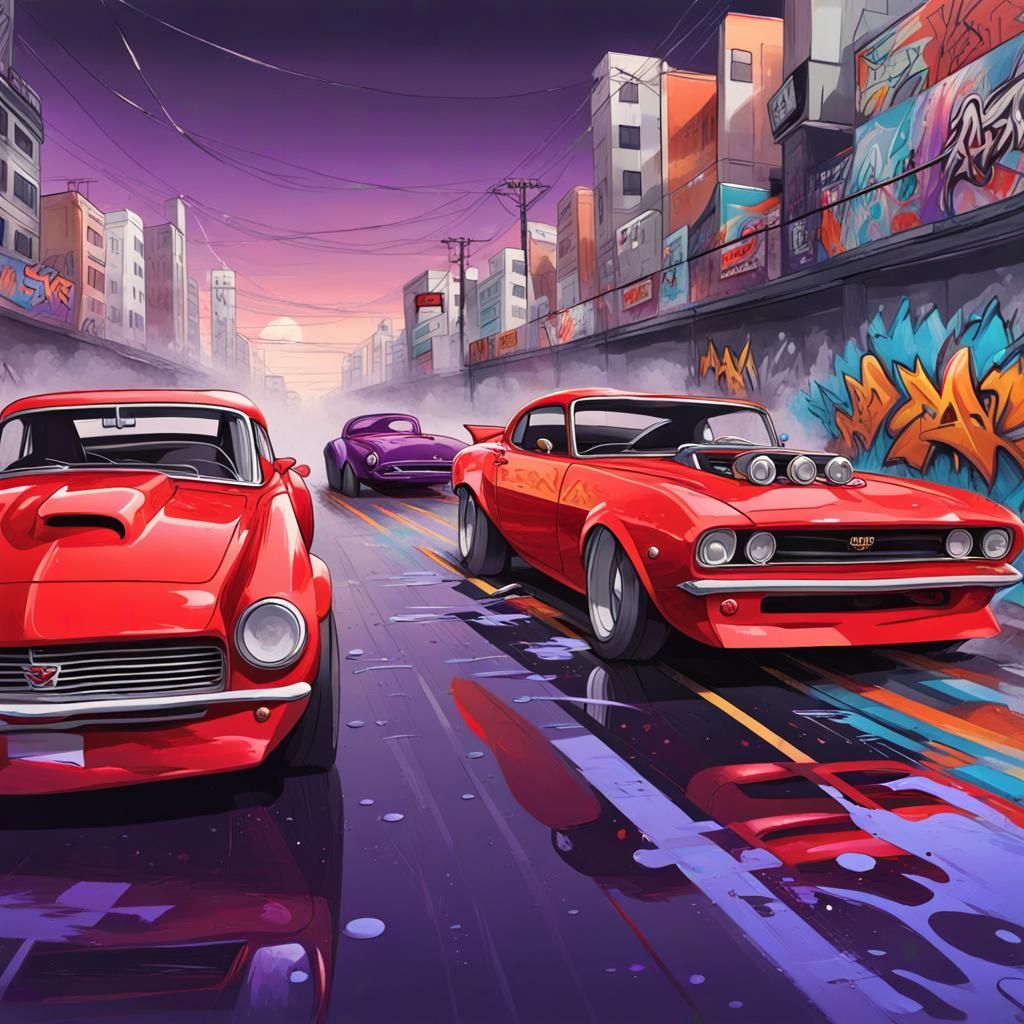 Hot Rod Drag Race in Anime Graffiti Style
