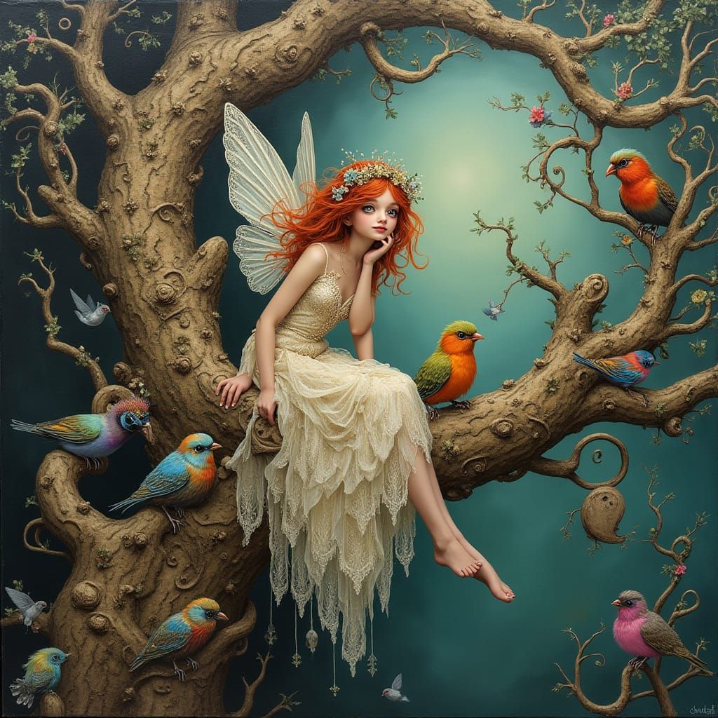 Ethereal Fairy Amidst Twisted Tree and Vibrant Birds in Whim...