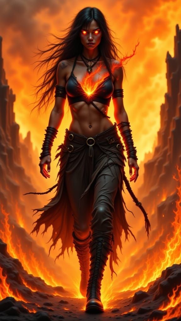 Fiery Sorceress in Volcanic Landscape